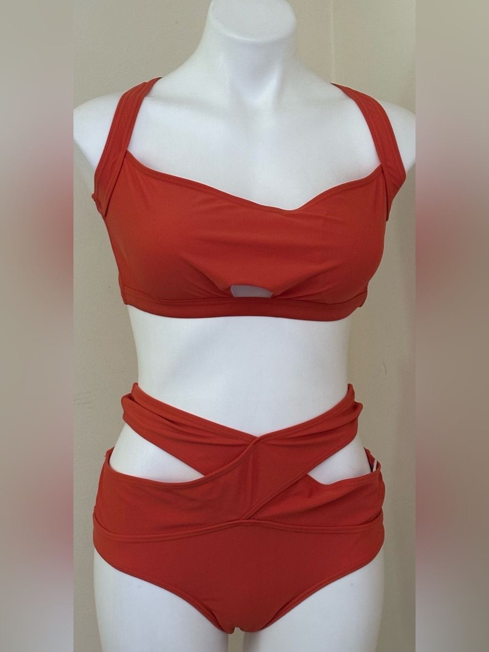 Bikini Orange High-Waist Cutout Bottom,Thick Straps Gold Hardware Top Set Sz XL